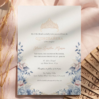 Invitation En Aluminium Elégant Tiara Gold Blue roses Quinceañera