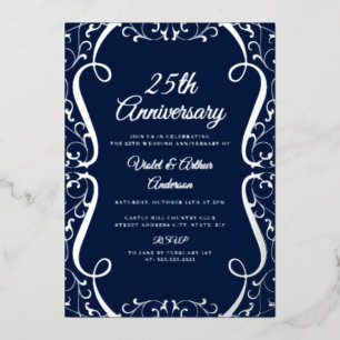 Invitation En Aluminium Élégant Tourbillon Argent et Marine 25e Anniversai