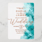 Invitation En Aluminium élégant Turquoise Blue Alcool mariage or d'encre F (Recto)