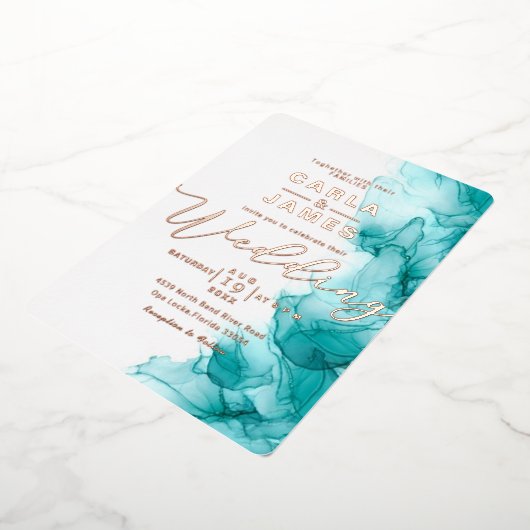 Invitation En Aluminium élégant Turquoise Blue Alcool mariage or d'encre F (Rotation)