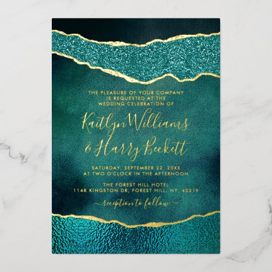Invitation En Aluminium Elégant Turquoise & Or Agate Mariage Real (Recto)