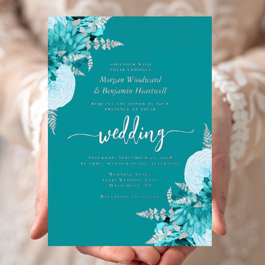 Invitation En Aluminium Elegant Turquoise Silver Floral Wedding