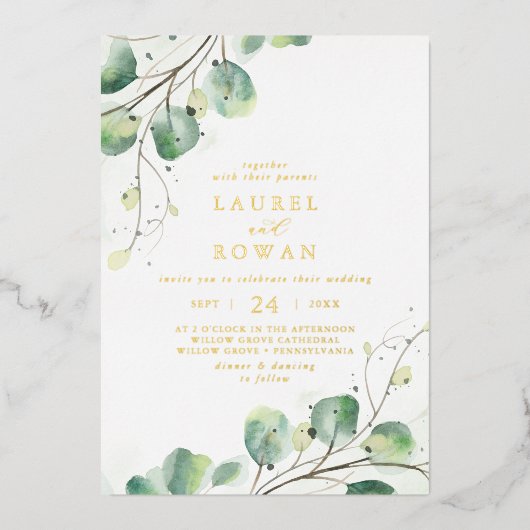 Invitation En Aluminium Élégant verdure Décontracté or Mariage (Recto)