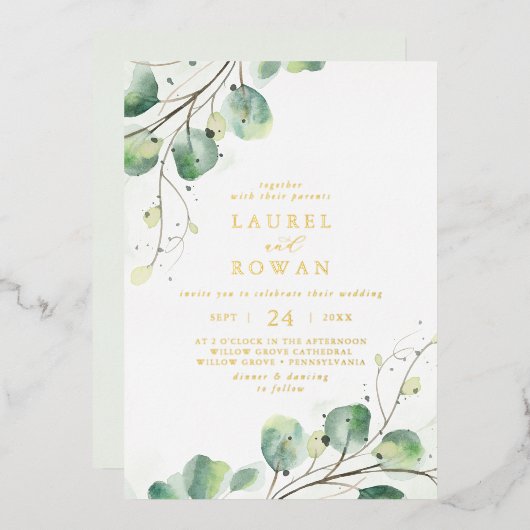 Invitation En Aluminium Élégant verdure Décontracté or Mariage (Recto/Verso)