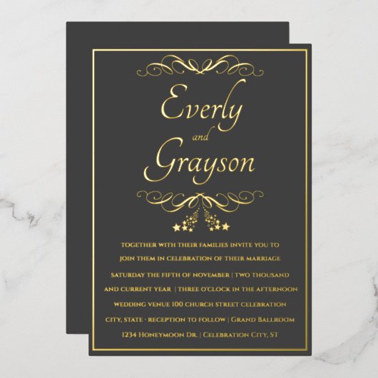 Invitation En Aluminium Élégant Veri Mariage charbon et or (Recto/Verso)