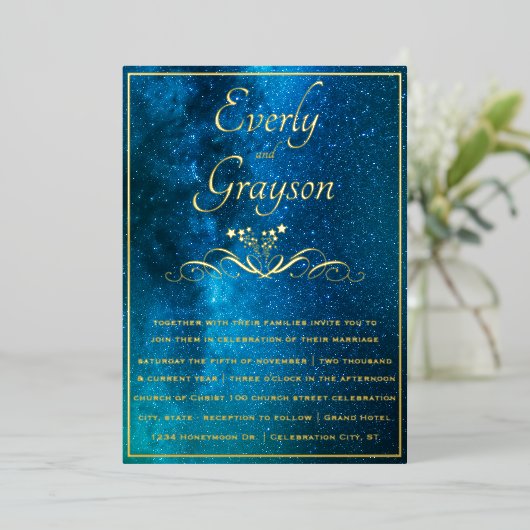 Invitation En Aluminium Elégant Veri Moody nuances d'or Mariage bleu (Debout devant)