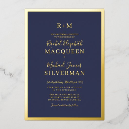 Invitation En Aluminium Elégant véritable or épais frontière Mariage bleu  (Recto)