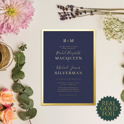Invitation En Aluminium Elégant véritable or épais frontière Mariage bleu