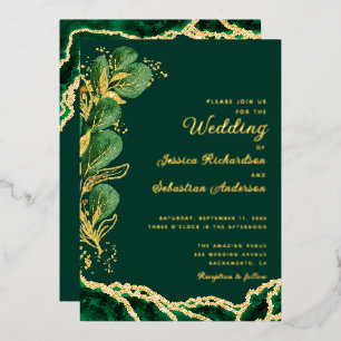 Invitation En Aluminium Élégant Vert Émeraude & Agate Dorée Mariage