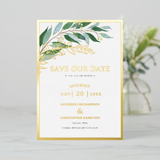 Invitation En Aluminium Élégant Vert Feuillage Vert Économisez La Date (Debout devant)