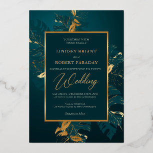 Invitation En Aluminium Élégant vert foncé et vrai feuille d'or mariage