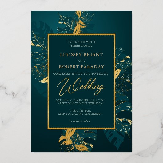 Invitation En Aluminium Élégant vert foncé et vrai feuille d'or mariage (Recto)