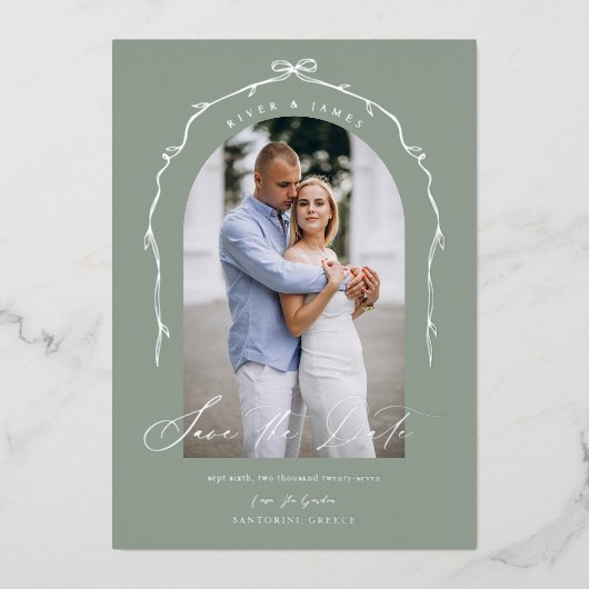 Invitation En Aluminium Élégant Vert Main Tirée Bow Ribbon Enregistrer La  (Recto)