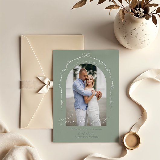 Invitation En Aluminium Élégant Vert Main Tirée Bow Ribbon Enregistrer La 