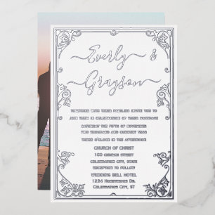 Invitation En Aluminium Élégant Victorien Votre Photo Silver Foil
