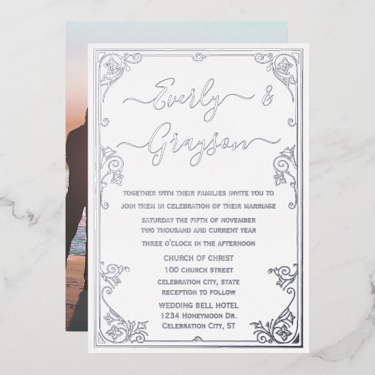 Invitation En Aluminium Élégant Victorien Votre Photo Silver Foil (Recto/Verso)