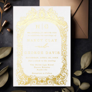 Invitation En Aluminium Élégant Vintage cadre Or Mariage Monogramme