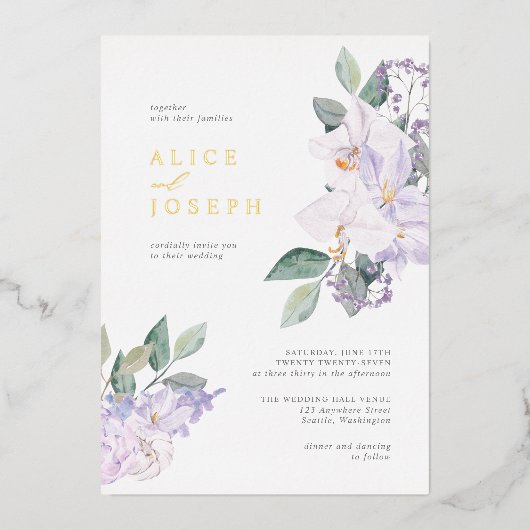 Invitation En Aluminium Elégant violet aquarelle Fleurs verdure Mariage (Recto)