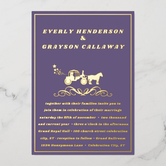 Invitation En Aluminium Élégant violet et Mariage or (Recto)