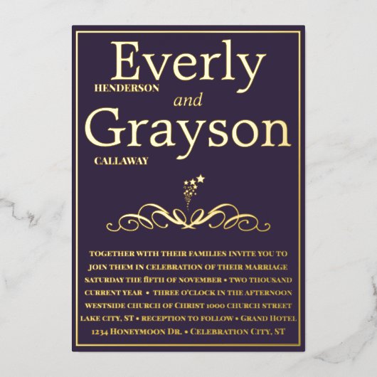 Invitation En Aluminium Élégant violet et Mariage or (Recto)
