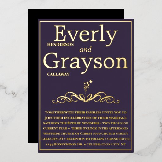 Invitation En Aluminium Élégant violet et Mariage or (Recto/Verso)