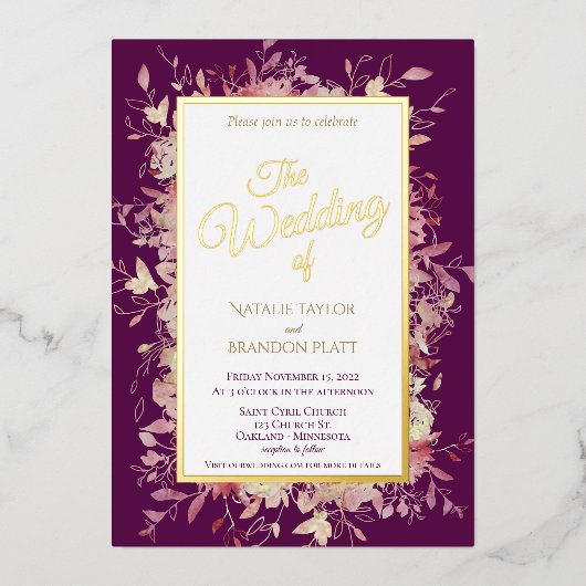 Invitation En Aluminium Élégant violet foncé Mariage or (Recto)