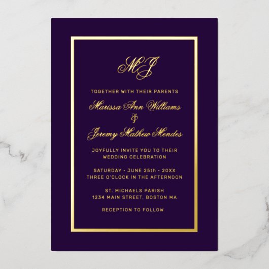 Invitation En Aluminium Élégant violet or Calligraphie Mariage de script (Recto)