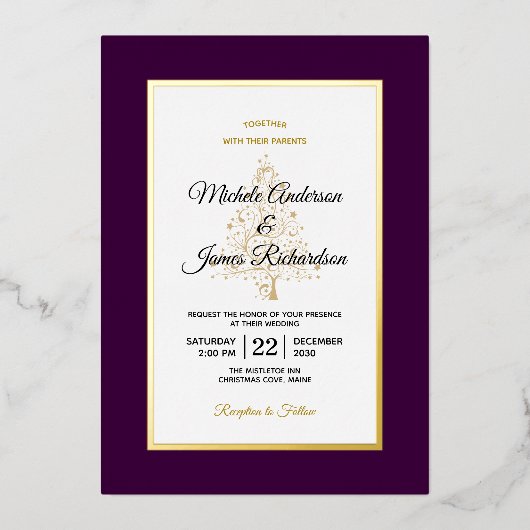 Invitation En Aluminium Élégant violet or Mariage de vacances hiver (Recto)