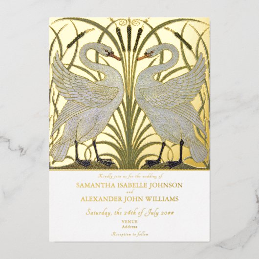 Invitation En Aluminium Elégant Walter Crane Swan Pair Romantique Mariage (Recto)
