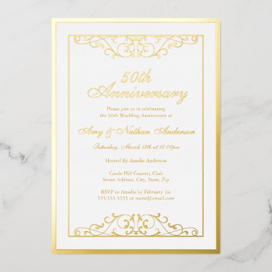 Invitation En Aluminium Élégant White Gold Swirl 50e anniversaire Mariage (Recto)