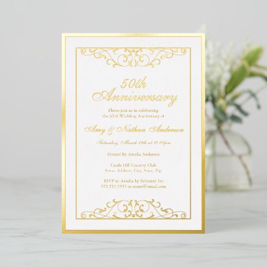 Invitation En Aluminium Élégant White Gold Swirl 50e anniversaire Mariage (Debout devant)