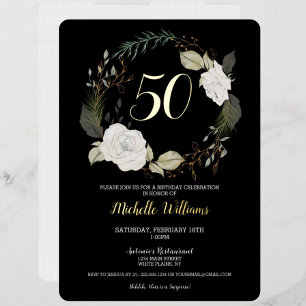 Invitation En Aluminium Élégante 50e fête d'anniversaire White Floral Wrea