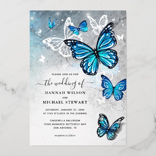 Invitation En Aluminium Elégante aquarelle bleu papillon Mariage réel (Recto)