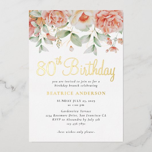 Invitation En Aluminium Elégante aquarelle florale 80e anniversaire (Recto)