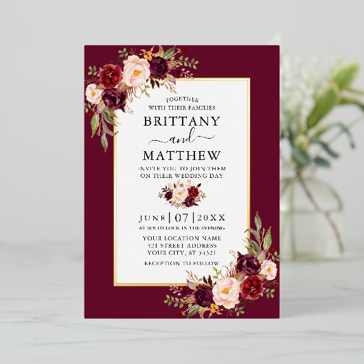 Invitation En Aluminium Elégante aquarelle Mariage floral Bourgogne or (Debout devant)