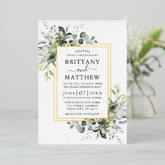 Invitation En Aluminium Elégante aquarelle Verdure Mariage 2 Frame Gold (Debout devant)