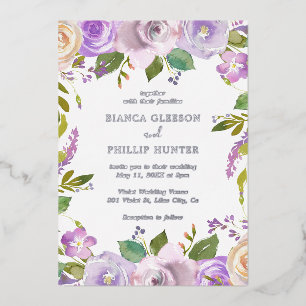 Invitation En Aluminium Elégante aquarelle violet Mariage floral argent