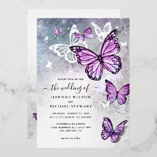 Invitation En Aluminium Elégante aquarelle violet papillon Mariage réel