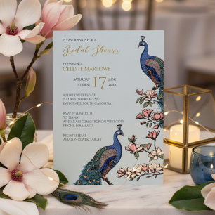 Invitation En Aluminium Élégante Baby Shower de Mariée au Paon Floral Bleu