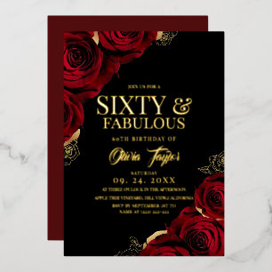 Invitation En Aluminium Elégante Belle Rose Bourgogne Or 60e Anniversaire