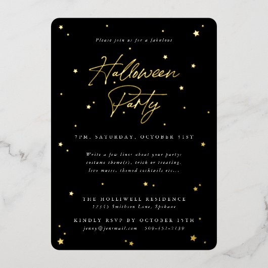 Invitation En Aluminium Élégante Black+Gold Stars Scattered Party Hallowee (Recto)