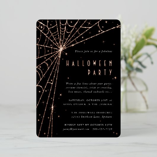 Invitation En Aluminium Elégante Black Spider Web Halloween Party (Debout devant)
