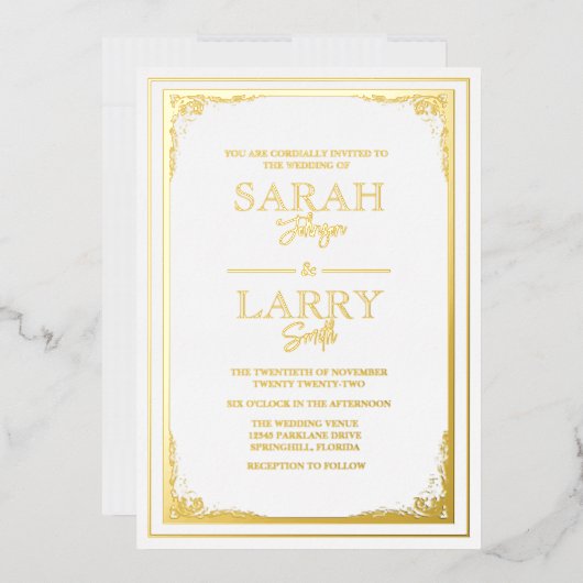Invitation En Aluminium Elégante bordure or Mariage traditionnel (Enveloppe)
