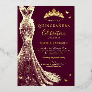 Invitation En Aluminium Élégante Burgundy Or Papillon Quinceanera