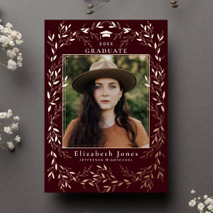 Invitation En Aluminium Élégante Burgundy Wreath Graduation Photo