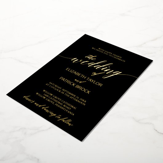 Invitation En Aluminium Élégante calligraphie à huile d'or | Mariage noir (Rotation)
