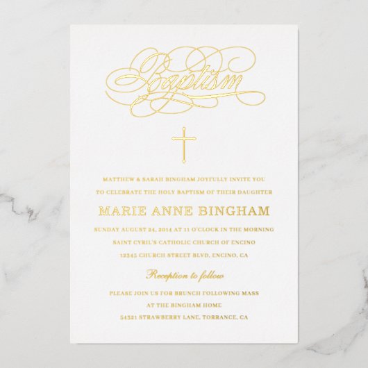 Invitation En Aluminium Élégante calligraphie Baptême Or (Recto)