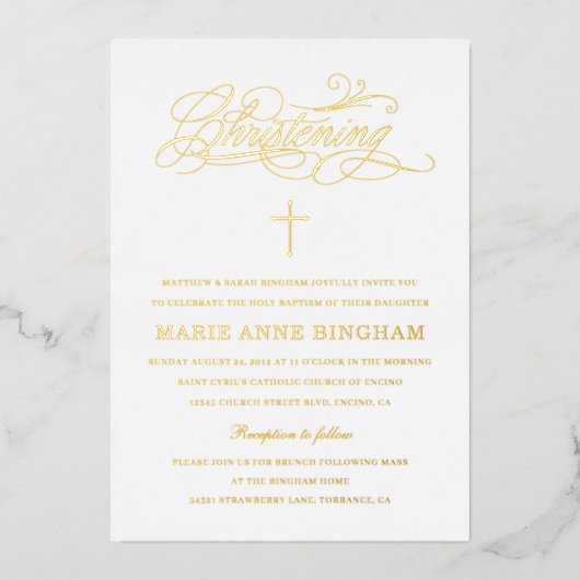 Invitation En Aluminium Élégante calligraphie Christening Gold (Recto)