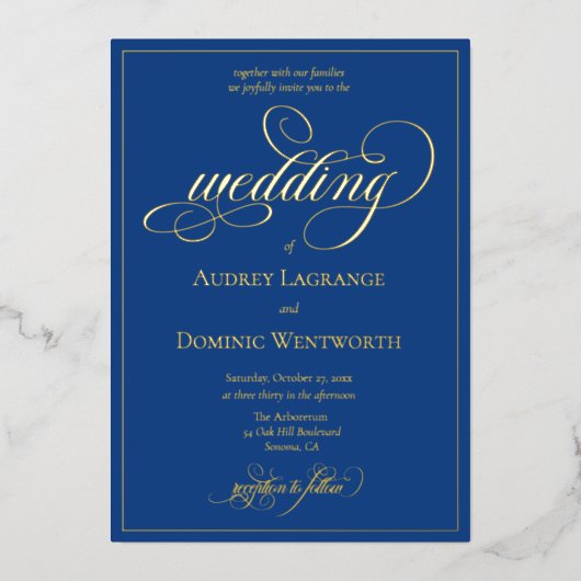 Invitation En Aluminium Élégante Calligraphie de script Mariage Blue Gold (Recto)