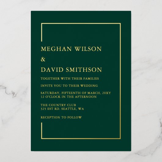 Invitation En Aluminium Élégante calligraphie Emerald Green Mariage or (Recto)